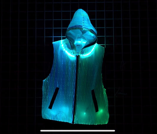 LED fiber optic hooded vest, phone app remote controlled, all colors