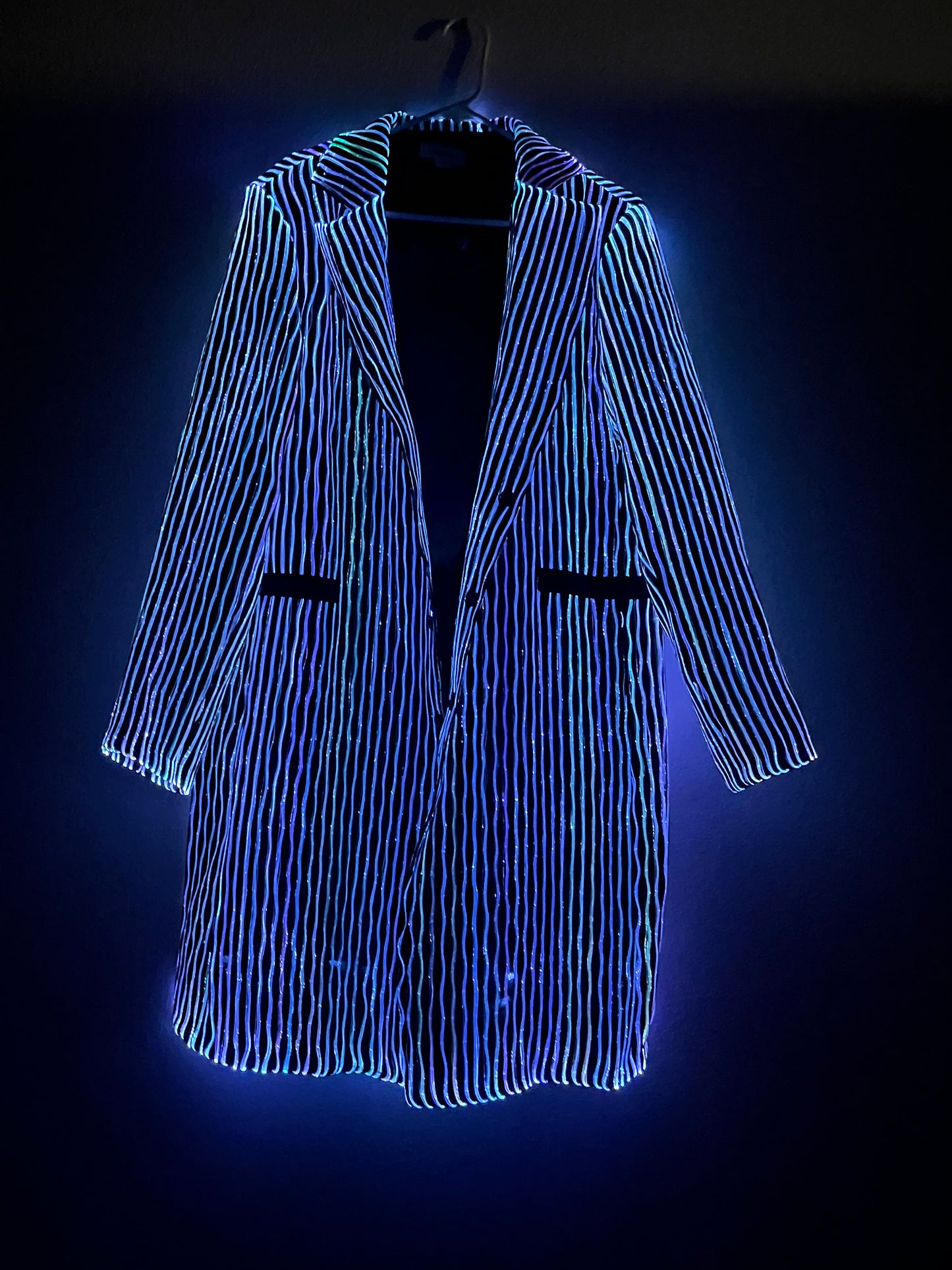 LED fiber optic trench coat, black, phone app remote controlled, all color changeable