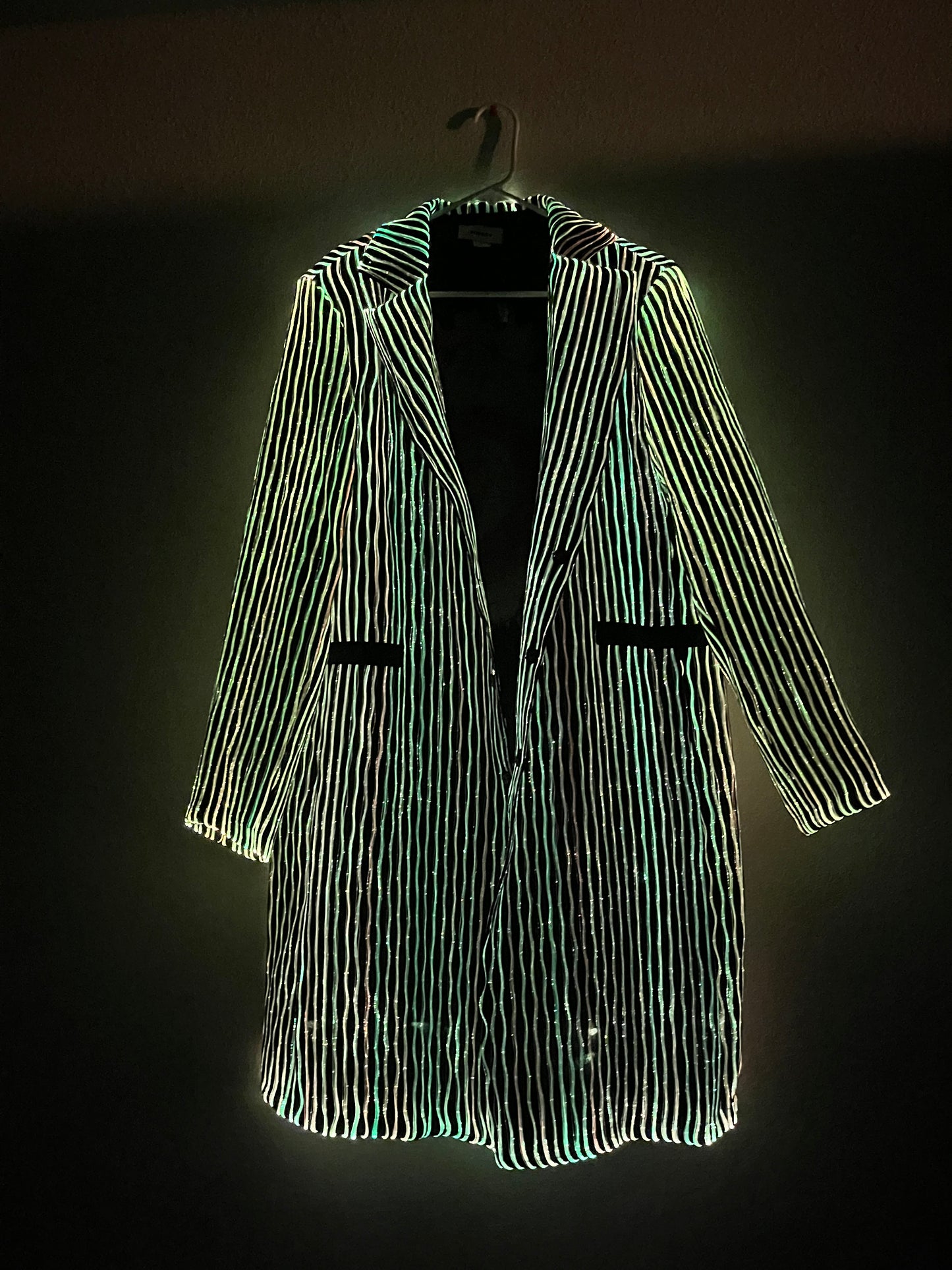 LED fiber optic trench coat, black, phone app remote controlled, all color changeable