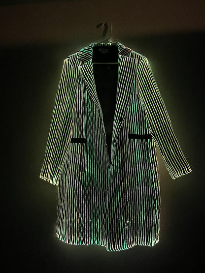 LED fiber optic trench coat, black, phone app remote controlled, all color changeable