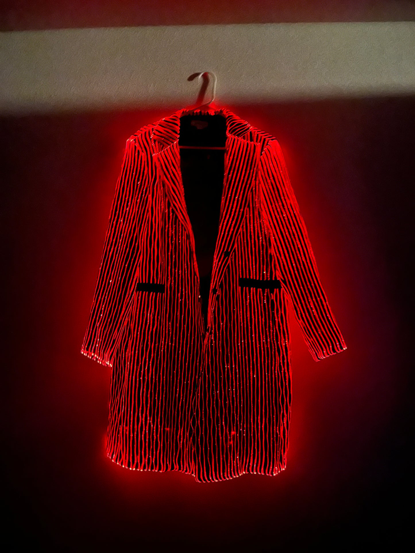 LED fiber optic trench coat, black, phone app remote controlled, all color changeable