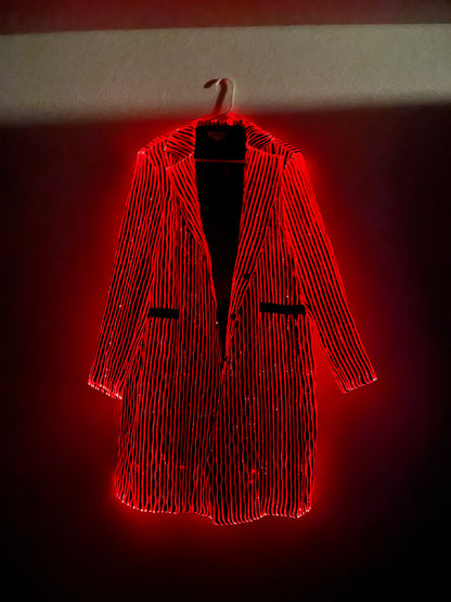 LED fiber optic trench coat, black, phone app remote controlled, all color changeable