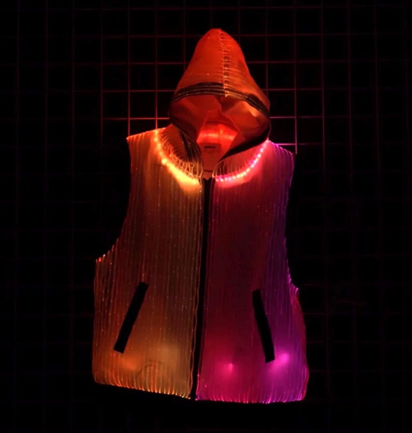 LED fiber optic hooded vest, phone app remote controlled, all colors