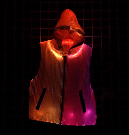 LED fiber optic hooded vest, phone app remote controlled, all colors