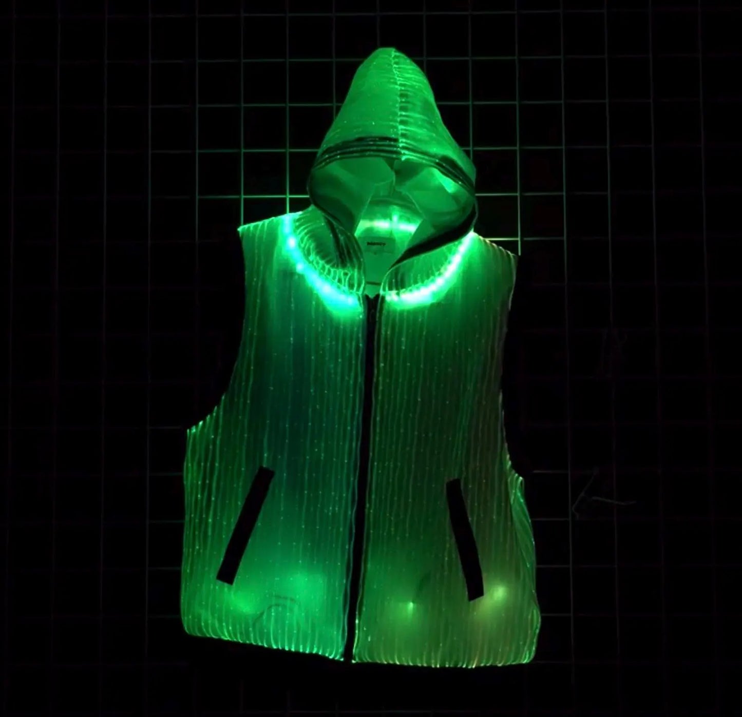 LED fiber optic hooded vest, phone app remote controlled, all colors