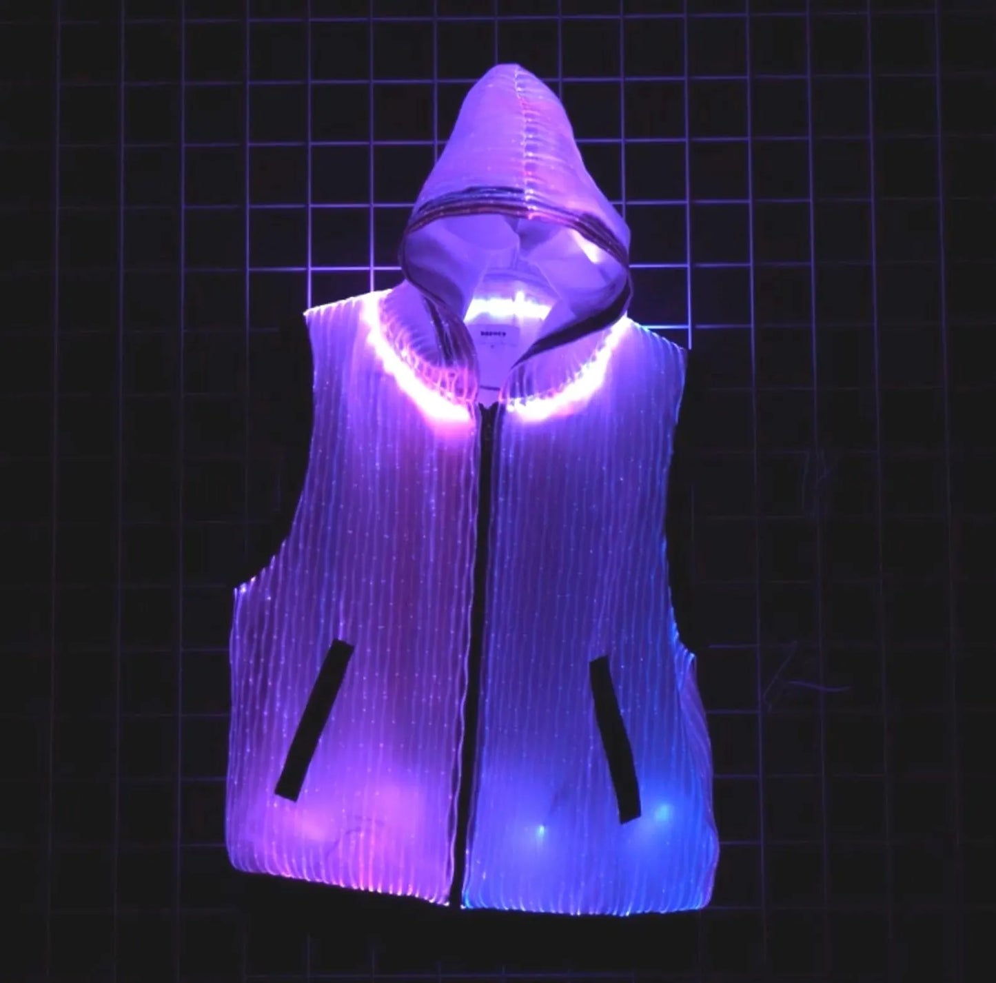 LED fiber optic hooded vest, phone app remote controlled, all colors