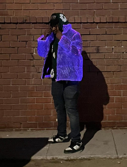 LED fiber optic puffer jacket, black, phone app remote controlled, all colors