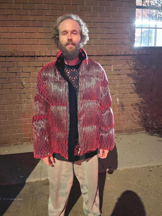 LED fiber optic puffer jacket, black, phone app remote controlled, all colors