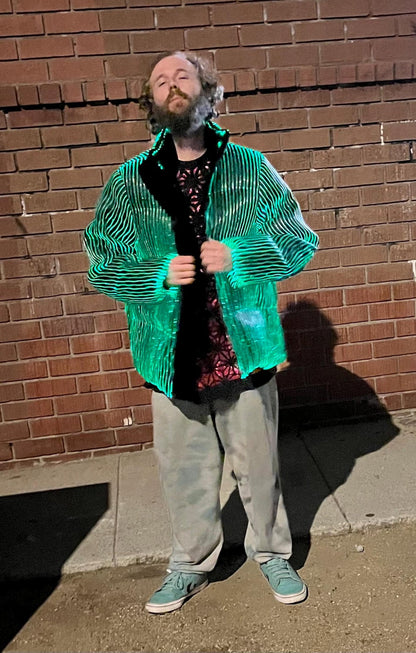 LED fiber optic puffer jacket, black, phone app remote controlled, all colors
