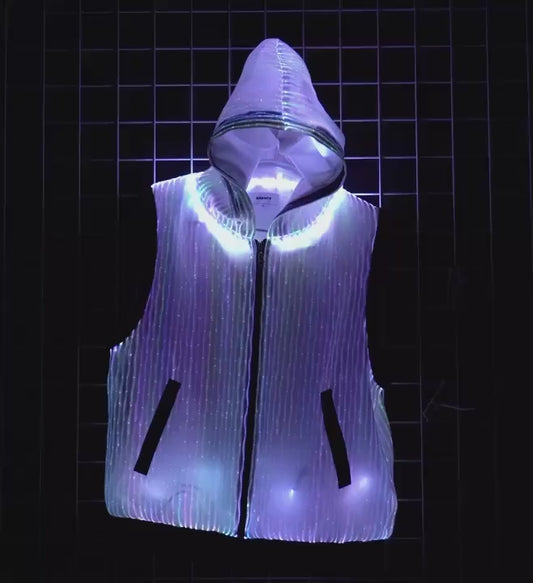 LED fiber optic hooded vest, phone app remote controlled, all colors