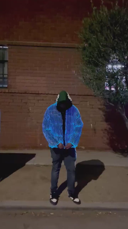 LED fiber optic puffer jacket, black, phone app remote controlled, all colors